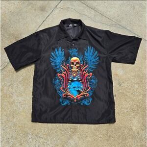 Y2k City Impact Short Sleeve Button Up Skull Print Shirt Large Cyber Mallcore